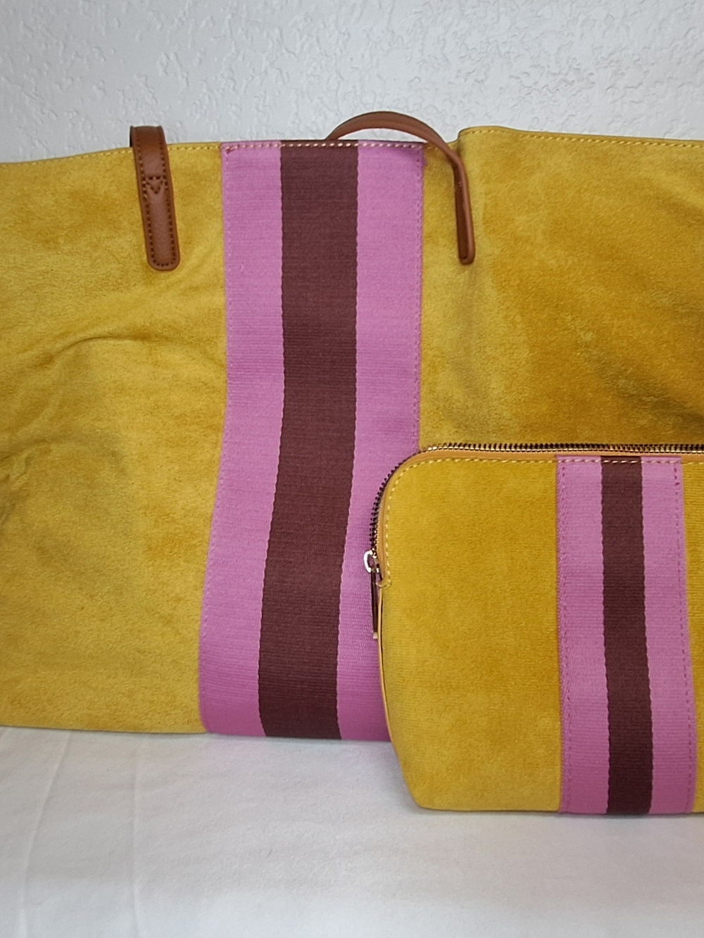Neiman Marcus Yellow Velvet Tote Bag Cosmetic Pouch Set Striped GWP New